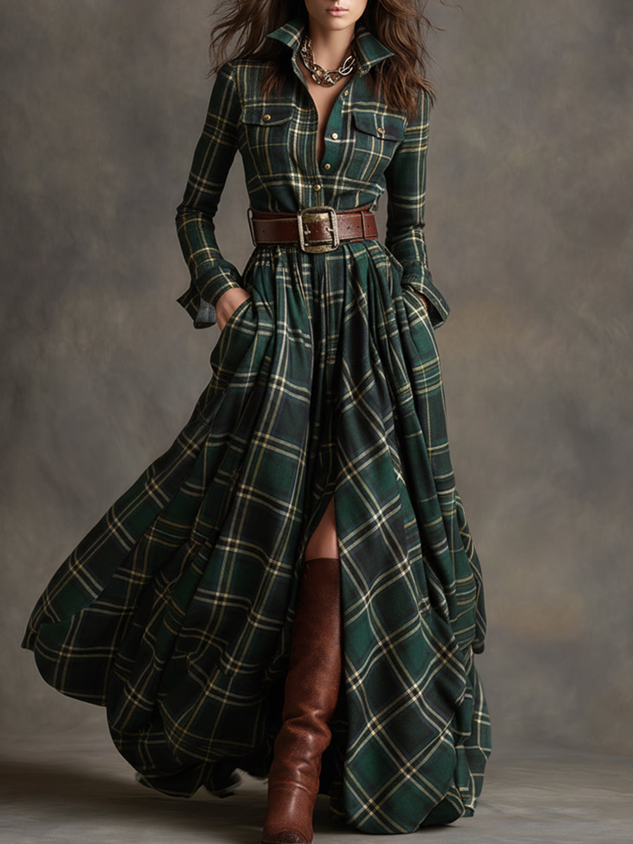 ORLYNE™ | Plaid Long-Sleeve Maxi Dress