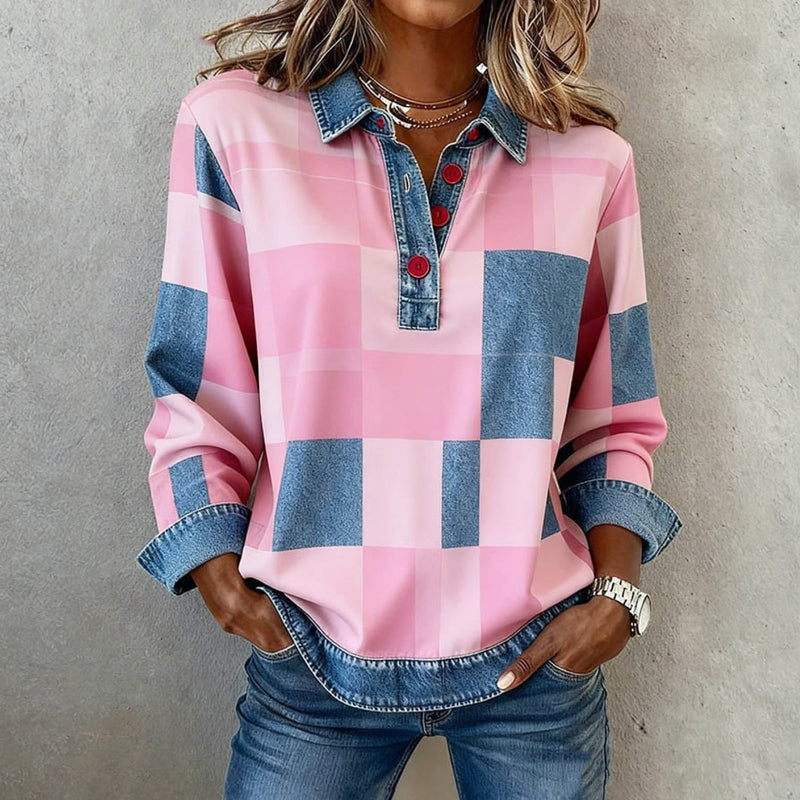 RILOU™ | Checkered Denim-Trim Top