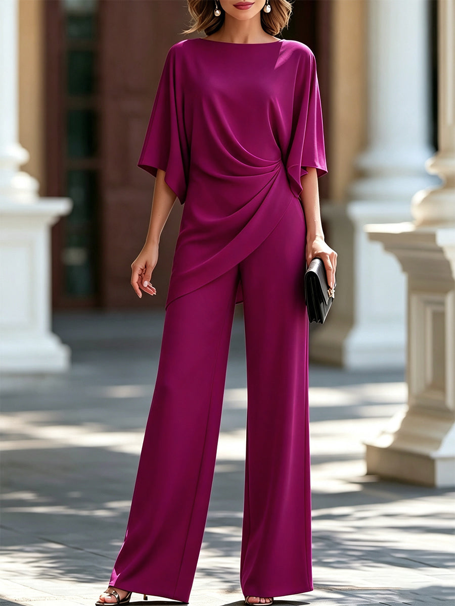 Completo blusa drappeggiata e pantaloni ampi - Fucsia