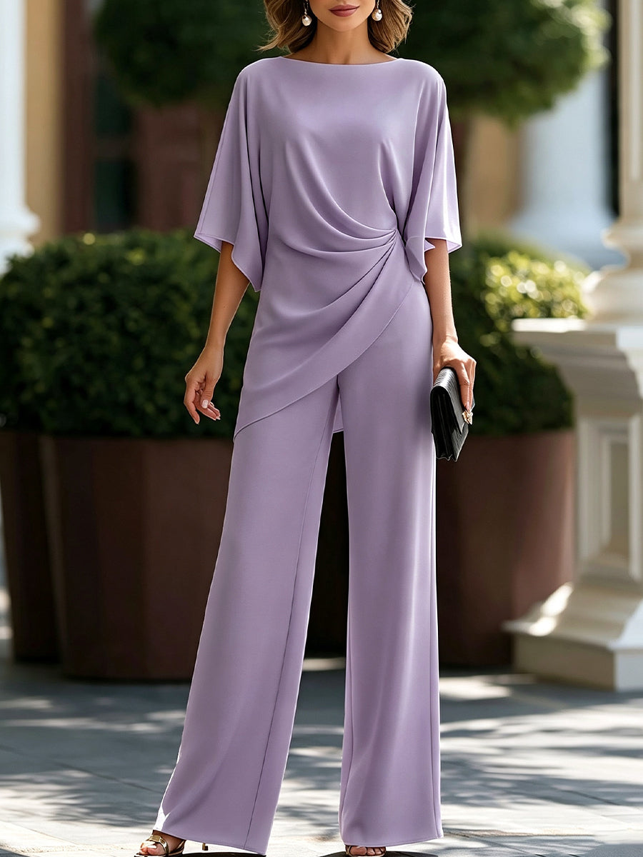Completo blusa drappeggiata e pantaloni ampi - Lavanda