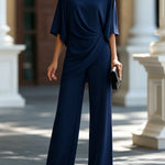 Completo blusa drappeggiata e pantaloni ampi - Blu Navy