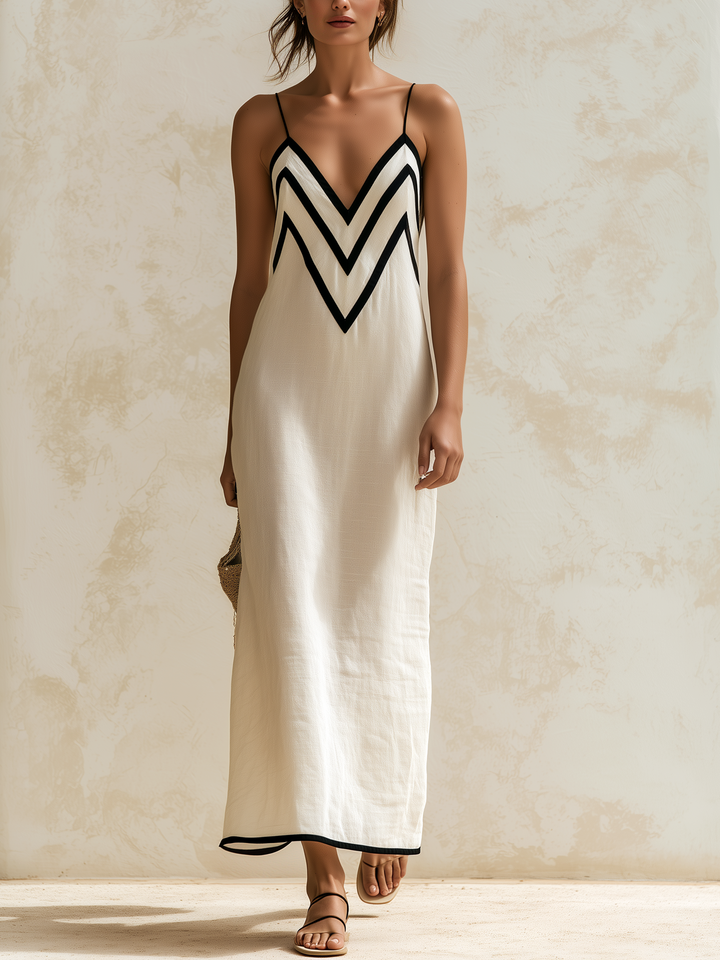 Marisa | Abito Lungo Stile Slip con Bordi a Contrasto e Motivo Chevron - Beige