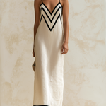 Marisa | Abito Lungo Stile Slip con Bordi a Contrasto e Motivo Chevron - Beige