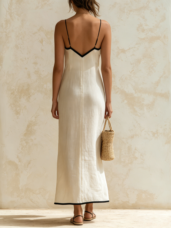 Marisa | Abito Lungo Stile Slip con Bordi a Contrasto e Motivo Chevron - Beige dettaglio