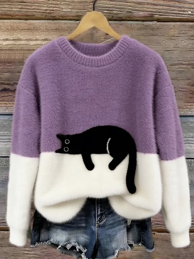 Maglione oversize con gatto - Viola
