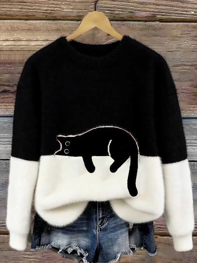 Maglione oversize con gatto - Nero