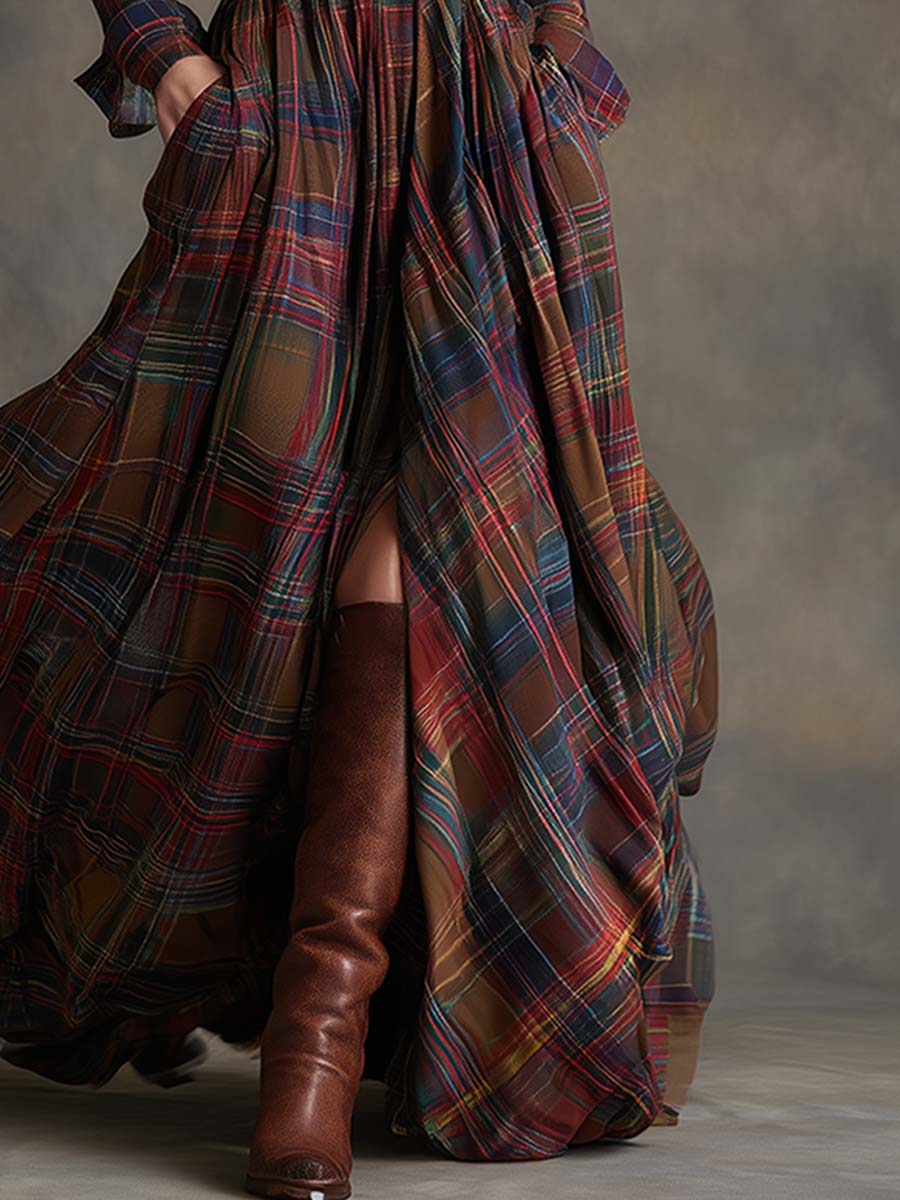 ORLYNE™ | Plaid Long-Sleeve Maxi Dress