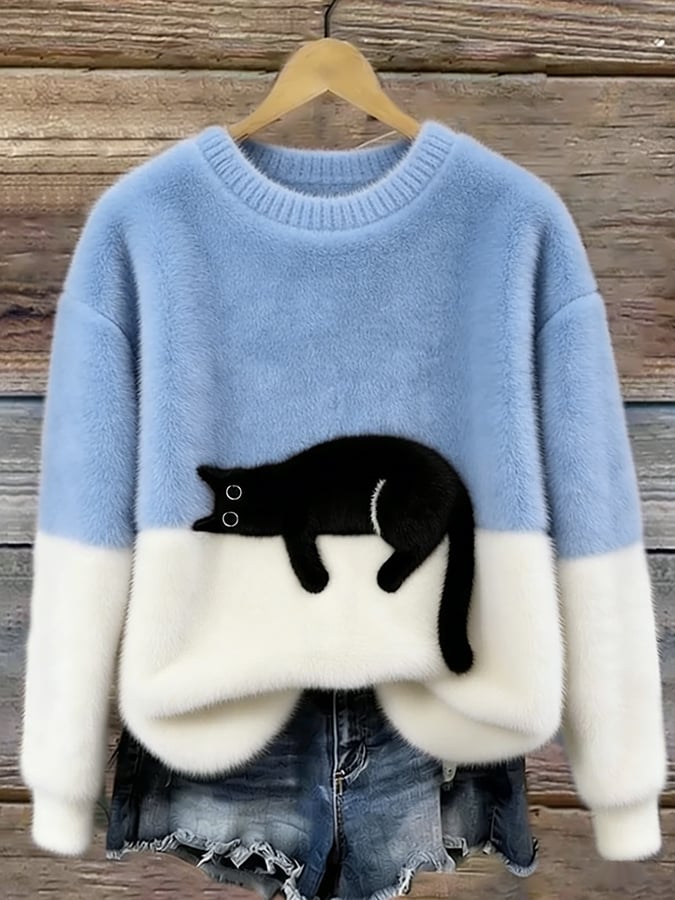 Maglione oversize con gatto - Azzurro
