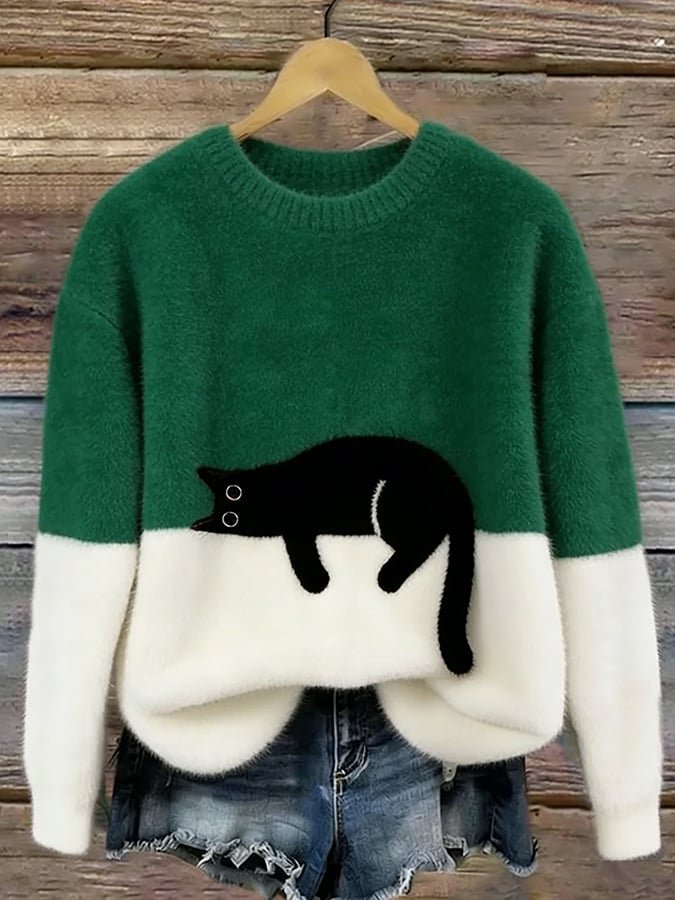 Maglione oversize con gatto - Verde