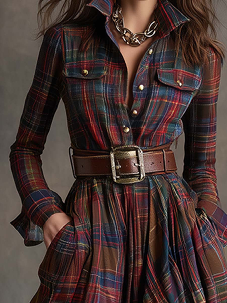 ORLYNE™ | Plaid Long-Sleeve Maxi Dress