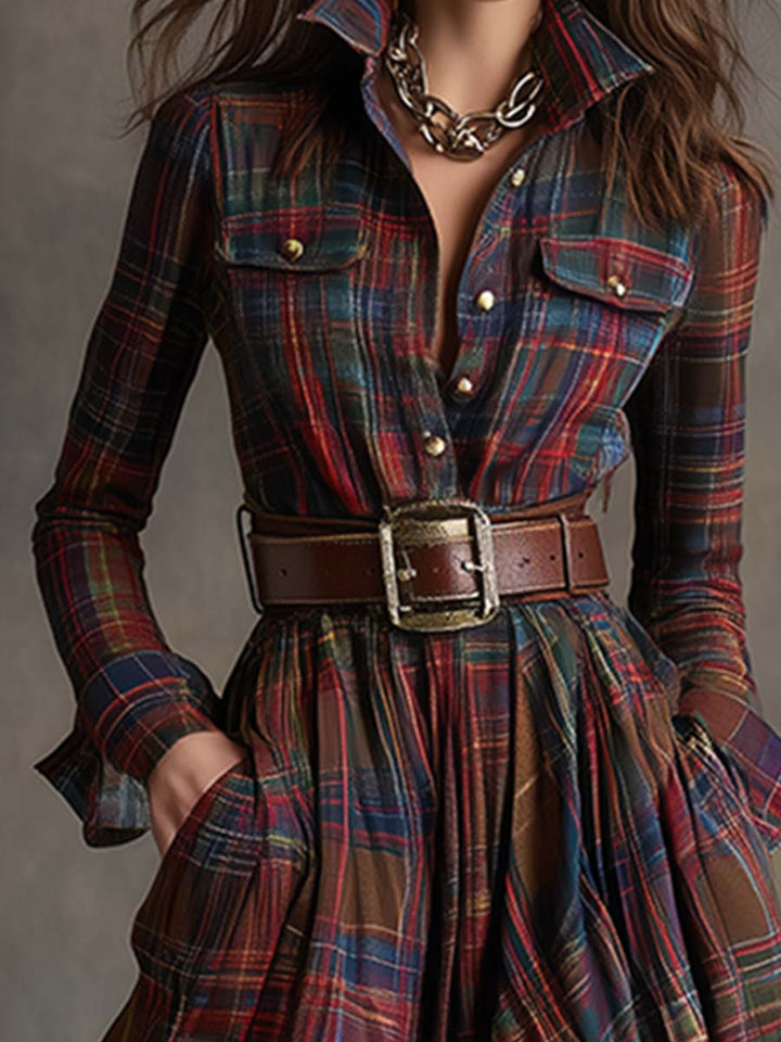 ORLYNE™ | Plaid Long-Sleeve Maxi Dress