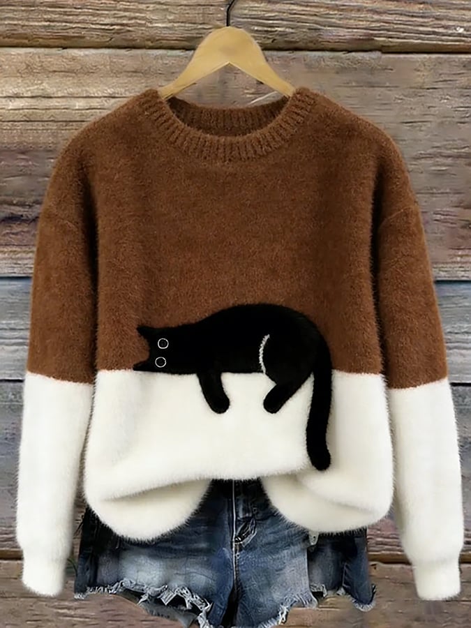 Maglione oversize con gatto - Marrone