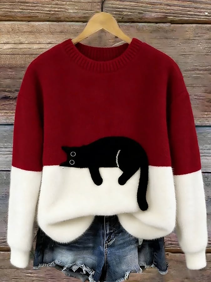 Maglione oversize con gatto - Rosso