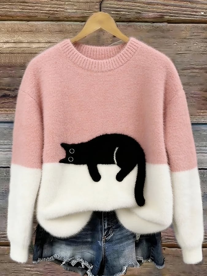 Maglione oversize con gatto - Rosa