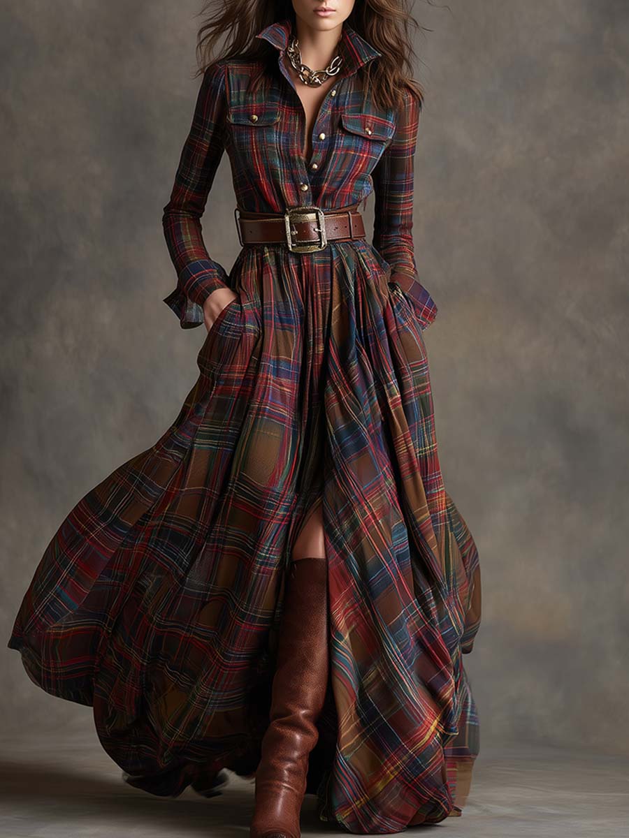 ORLYNE™ | Plaid Long-Sleeve Maxi Dress