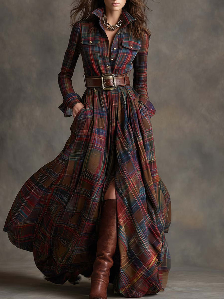 ORLYNE™ | Plaid Long-Sleeve Maxi Dress